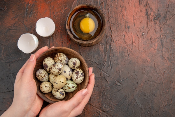 top view fresh quail eggs with raw egg inside plate on the dark table - Авокадо с яйцом