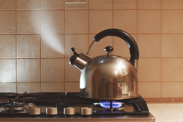 water boils in a metal teapot on a gas stove - Кваша украинская постная