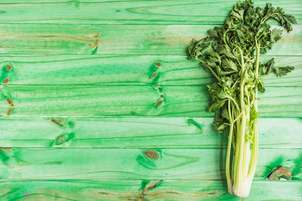 high angle view of fresh celery on green wooden background - Винегрет из фруктов и овощей