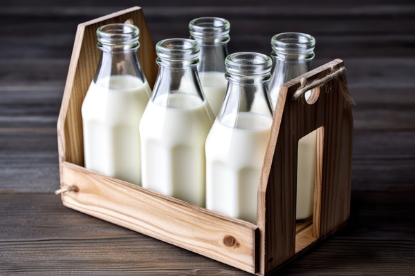stock photo of a bottle milk in the wooden basket professional photography - Манная молочная каша