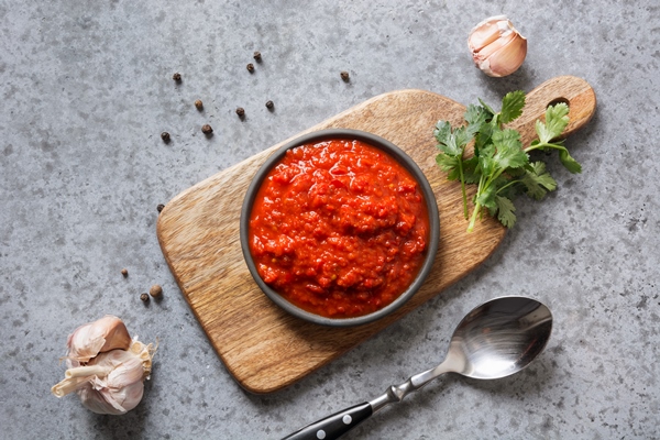 tasty ajvar vegetable sauce or caviar of baked red bell pepper on grey balkan cuisine - Тушёное мясо с макаронами