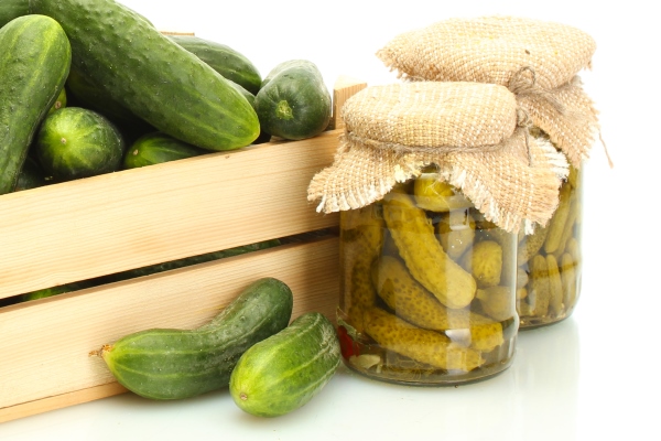 fresh cucumbers in wooden box pickles and dill isolated on white - Монастырская кухня: калья и ягодный десерт