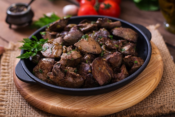 fried chicken liver with onions and herbs - Печень жареная