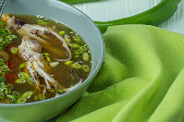 miso soup with squid mushrooms and herbs - Монастырская кухня: рыбный суп с кальмаром, запеканка с рыбой, салат овощной с винным уксусом