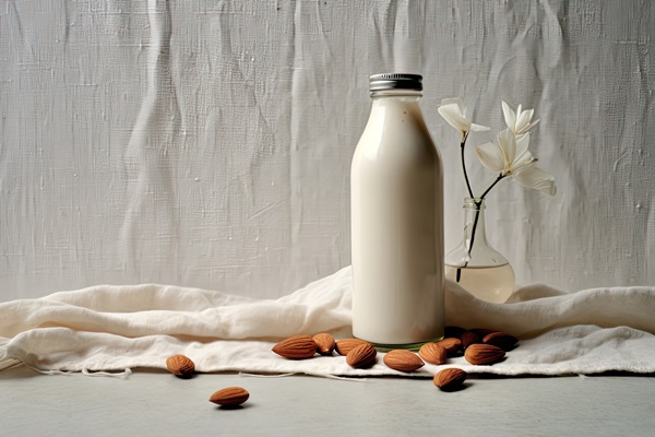 organic almond milk in glass bottle near ceramic bowl with raw almonds on stone table in the kitchen ready for cooking created with generative ai technology - Каша из полбы без варки