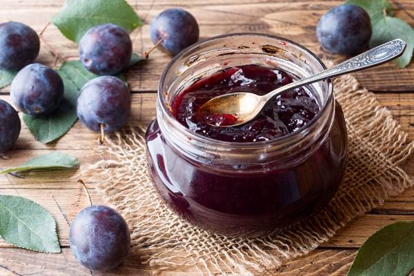 plum jam in a glass jar fresh plum fruit - Монастырская кухня: тёплый салат из баклажанов, постные корзиночки