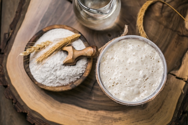 the leaven for bread is active starter sourdough fermented mixture of water and flour to use as leaven for bread baking the concept of a healthy diet - Монастырская кухня: чечевичный суп с квашеной капустой, жареные пирожки с капустой