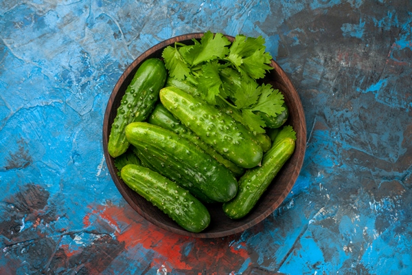 top view fresh cucumbers inside plate on blue background photo color ripe salad food meal - Винегрет из сырых овощей, постный стол