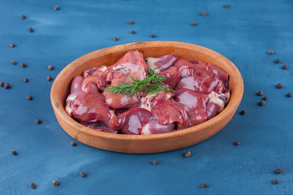 uncooked offal in a bowl on the blue surface - Гуляш из субпродуктов