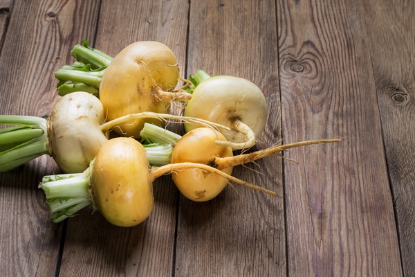 set of fresh young turnips on a wooden table - Репа, фаршированная рисом и яблоками