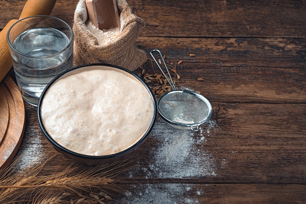 the sourdough for bread is active ingredients for making bread culinary background with space to copy - Пасхальный каравай "Касатьелло"