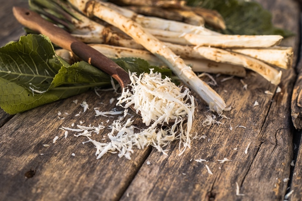 fresh dug out root horseradish with leaves on the pile - Салат из одуванчиков с яйцом
