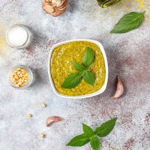 italian basil pesto sauce with culinary ingredients for cooking - Ужин из сныти