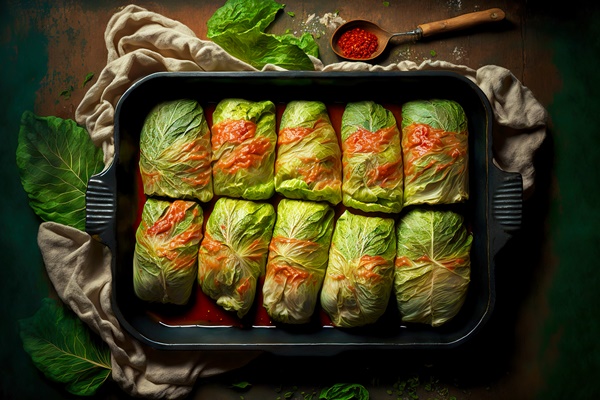 stuffed cabbage rolls laid out on baking sheet in green cabbage leaves - Голубцы из листьев лопуха мясные
