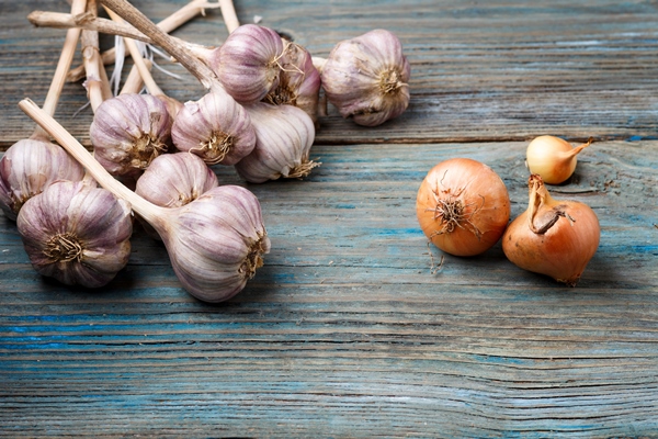 violet garlic and orange onion on a wooden background - Рататуй под соусом пепперад, постный стол