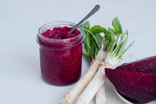 a jar of homemade beet horseradish hummus organic food - Русский столовый хрен