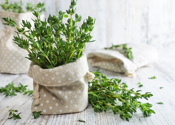 fresh thyme in decorative pouch on old wooden table - Беарнский соус (беарнез)