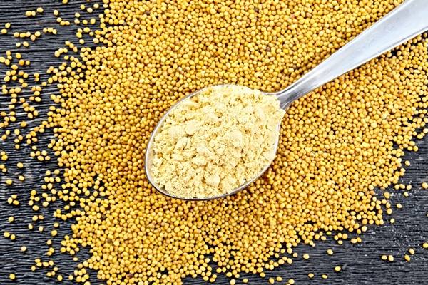 mustard powder in a metal spoon on the seeds against a wooden plank top - Камберлендский соус (английская кухня)