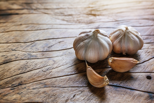 white garlic placed on a dark brown wood floor - Суп из баранины с помидорами в горшочке