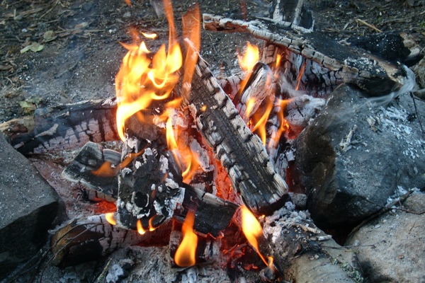 burning firewood in a fire bright fire tongues of flame of orange color big stones boulders around a campfire - Картофель, запечённый на углях