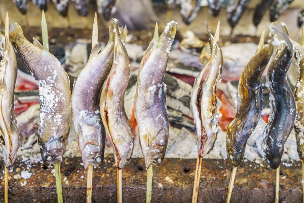 fish with salt being grilled outdoors in japan - Рыба на вертеле