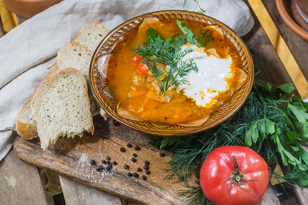 traditional russian sour cabbage soup shchi with sour cream - Щи солдатские