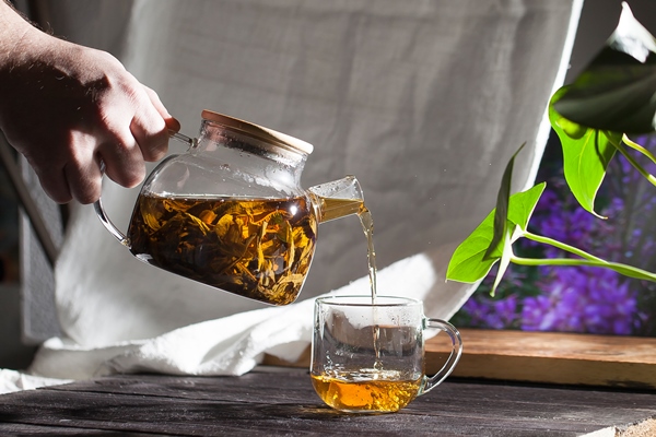transparent teapot with hot koporye tea traditional russian drink - Ферментированный чай из листьев садовых растений