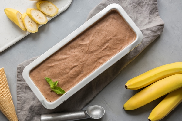 banana and cocoa homemade ice cream in container on grey - Постное бананово-арахисовое мороженое