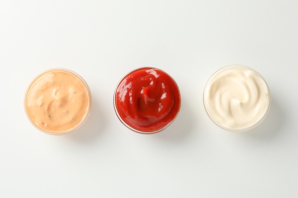 set of tasty sauces on white background space for text top view - Пицца "Карри"