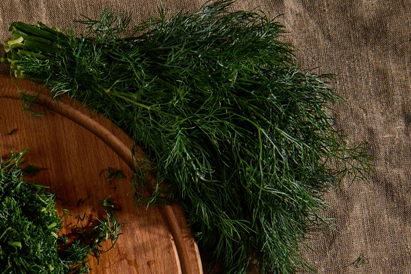 top view of a bunch of fresh moist dill on a linen tablecloth and garlic next to a wooden cutting board with a kitchen knife and chopped dill seasonal greens food background flat lay - Консервированная заправка для рассольника
