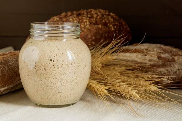 active rye sourdough in a glass jar for homemade bread - Полевка с ржаной мукой