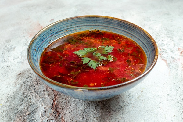 front view delicious borsch famous ukranian beet soup with meat inside plate on white space - Борщ постный из карасей