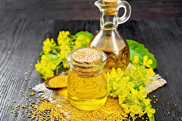 oil mustard in jar and decanter with flower on board - Картофель, запечённый с лососем