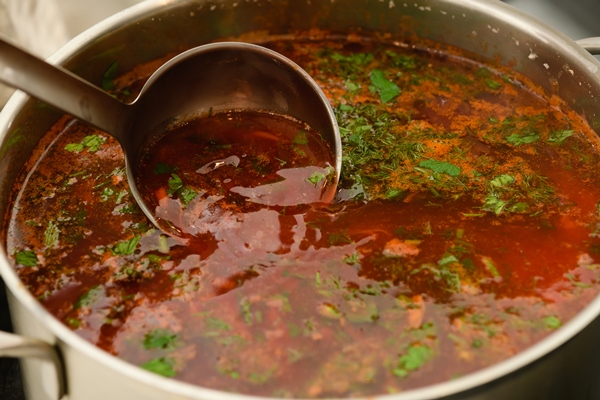 pot of freshly cooked ukrainian borscht on a kitchen stove - Борщ постный из карасей
