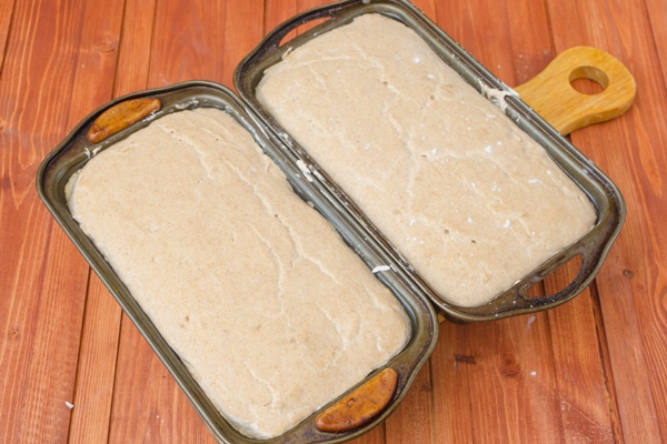 on a wooden board bread dough in the baking pan - Ржаной столовый хлеб