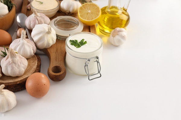 concept of cooking garlic sauce on white background - Салат "Оливье" (старинный рецепт)