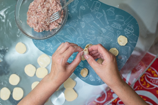 women s hands make homemade dumplings top view - Русские пельмени