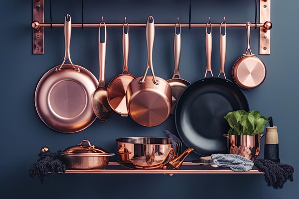 kitchen shelves with copper pans pots and other utensils - Как правильно варить и хранить варенье
