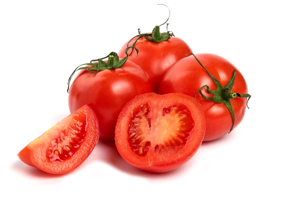 big red fresh tomatoes on a white background - Овощной салат с редисом и пекинской капустой