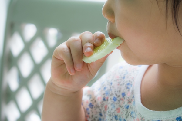 a child is eating cucumber slice finger food - Огурцы, помидоры, перец болгарский в нарезке (школьное питание)
