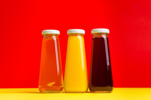 bottles with yellow and red liquid halthy beverage on yellow and red background orange apple cherry - Пунш безалкогольный