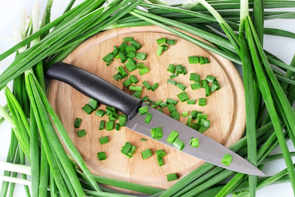 green onion on a cutting board with knife closeup - Быстрая пицца в микроволновке