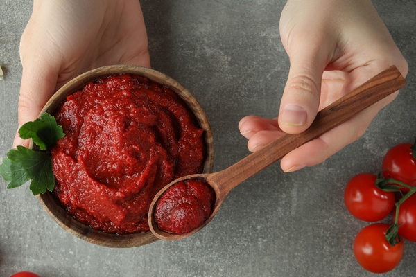 female hands hold bowl and spoon with tomato paste on gray background with ingredients 1 - Свекольная икра (школьное питание)