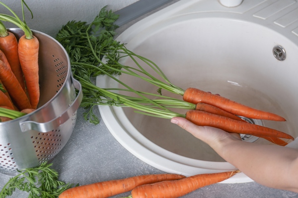 woman holding fresh carrots near kitchen sink - Салат из моркови и яблок (школьное питание)