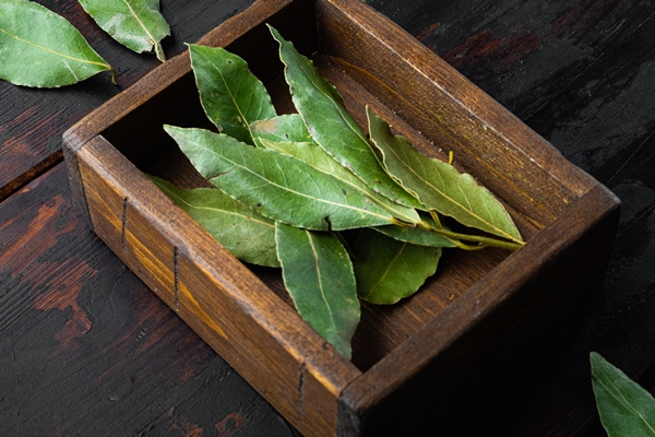 green and fresh laurel bay leaf in wooden - Суп рыбный сливочный с горбушей (школьное питание)