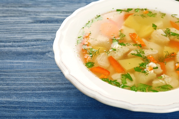plate with chicken soup on wooden table - Суп картофельный с клёцками (школьное питание)