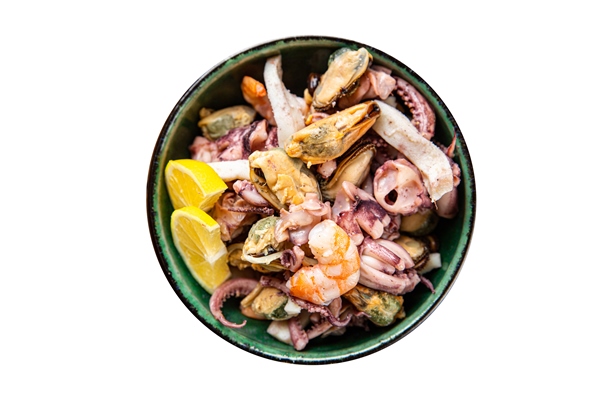 seafood mix shrimp squid mussel octopus ready to eat meal snack on the table copy space food - Чёрные спагетти с морепродуктами