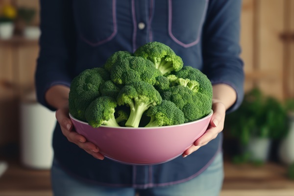 young woman holding a bowl with fresh green broccoli in the kitchen generative ai - Овощная запеканка с микрозеленью (школьное питание)