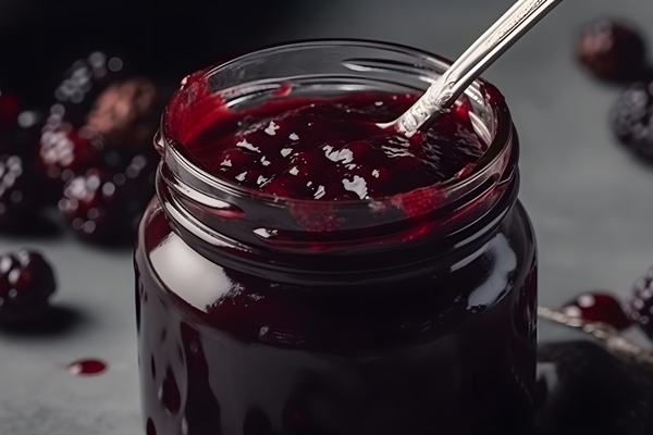 a jar of jam with a spoon in it - Чай с ягодами и ягодным сиропом на фруктозе (диетическое школьное питание)