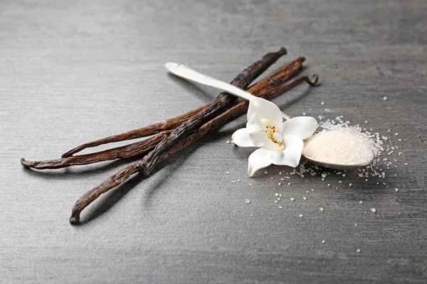 dried vanilla sticks flower and sugar in spoon on wooden table - Крем-брюле на фруктозе